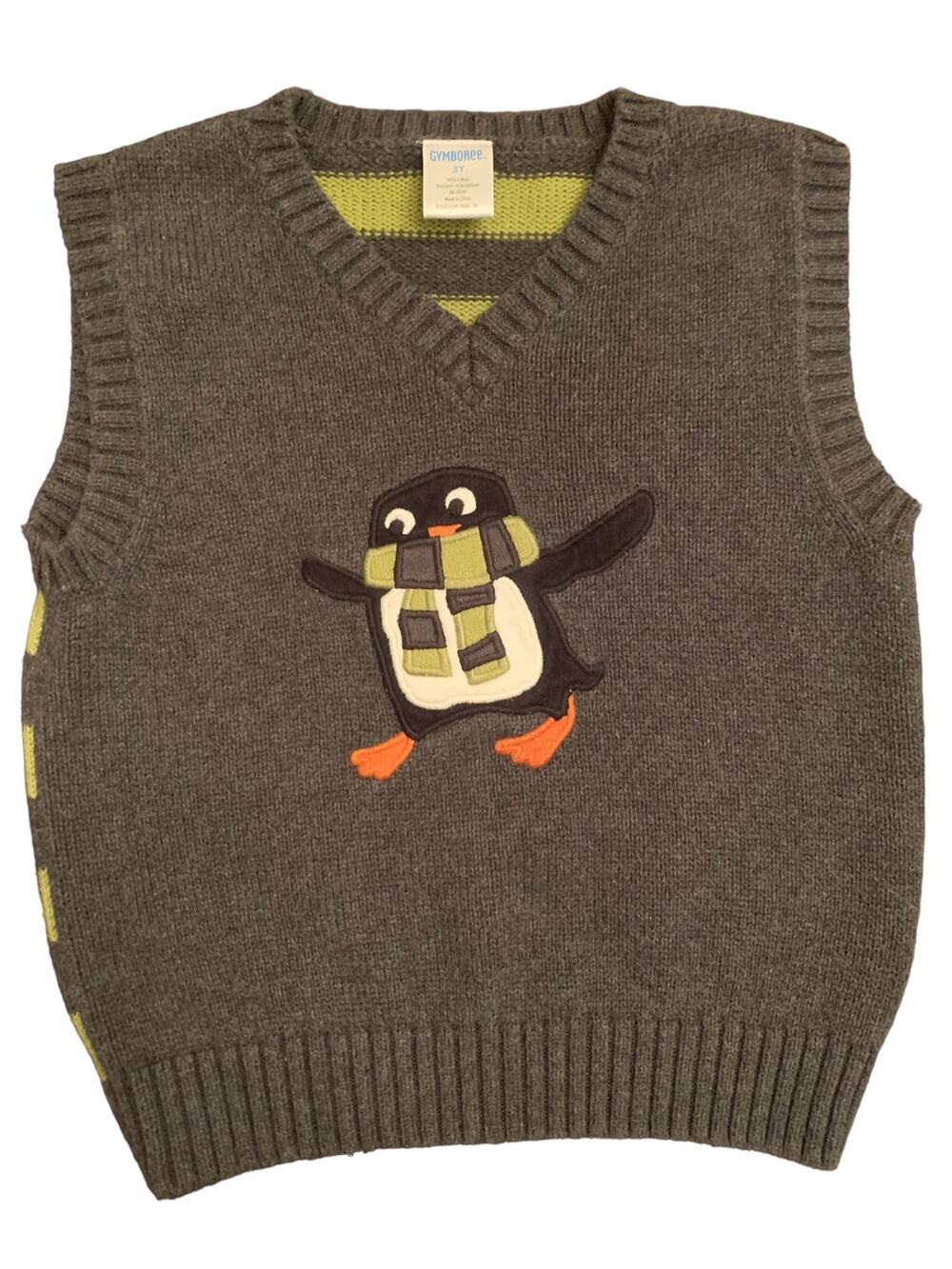 Y2K Gymboree Boys Gray Green V-Neck Penguin Sweater Vest 3T Holiday 100% Cotton